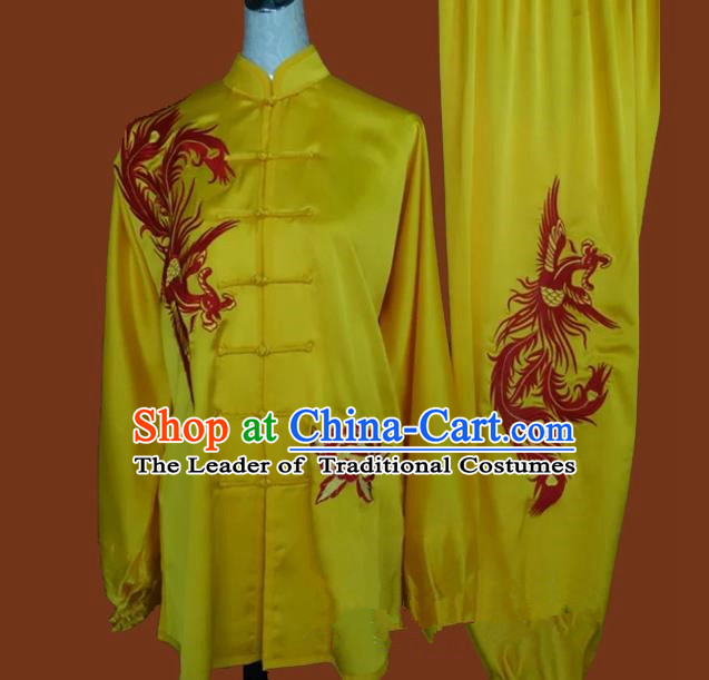 Top Grade Kung Fu Silk Costume Asian Chinese Martial Arts Tai Chi Training Yellow Uniform, China Embroidery Phoenix Gongfu Shaolin Wushu Clothing for Men for Women