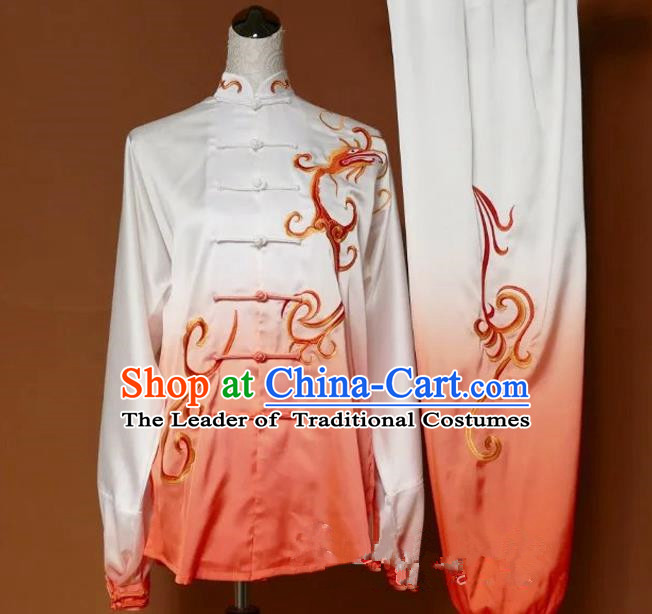 Top Grade Kung Fu Silk Costume Asian Chinese Martial Arts Tai Chi Training Orange Uniform, China Embroidery Gongfu Shaolin Wushu Clothing for Men for Women