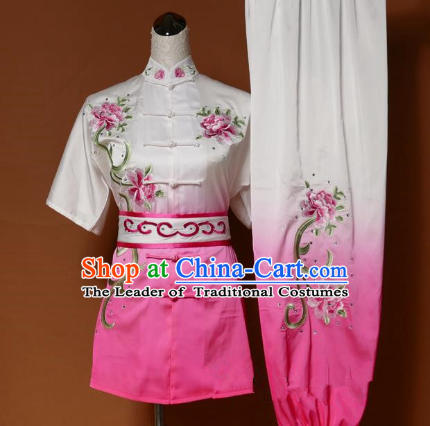Top Grade Kung Fu Silk Costume Asian Chinese Martial Arts Tai Chi Training Gradient Pink Uniform, China Embroidery Peony Gongfu Shaolin Wushu Clothing for Women