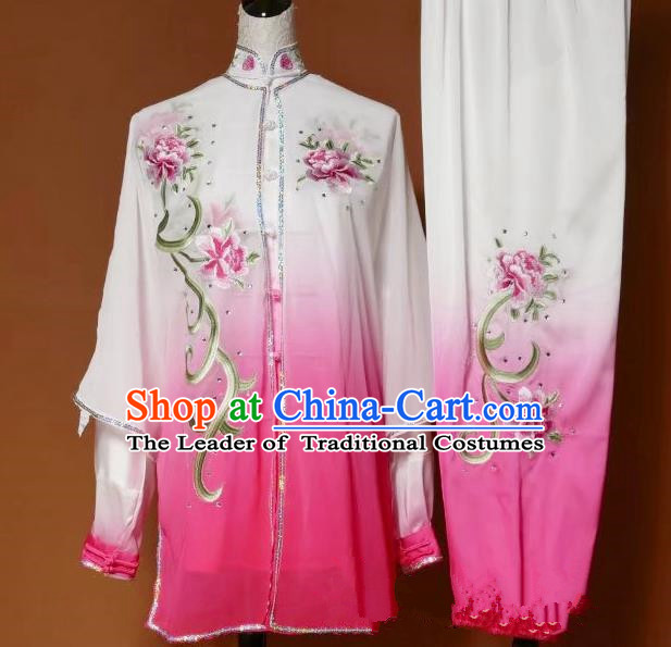 Top Grade Kung Fu Silk Costume Asian Chinese Martial Arts Tai Chi Training Pink Uniform, China Embroidery Peony Gongfu Shaolin Wushu Clothing for Women