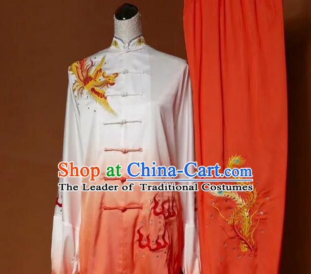 Top Grade Kung Fu Silk Costume Asian Chinese Martial Arts Tai Chi Training Gradient Orange Uniform, China Embroidery Phoenix Gongfu Shaolin Wushu Clothing for Women
