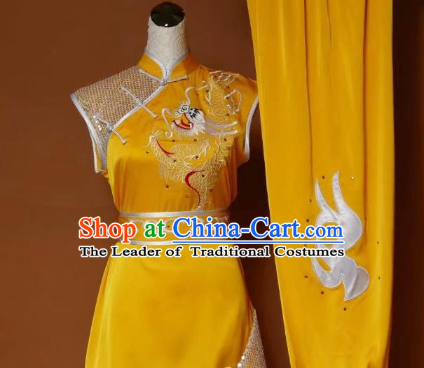 Top Grade Kung Fu Silk Costume Asian Chinese Martial Arts Tai Chi Training Yellow Uniform, China Embroidery Dragon Gongfu Shaolin Wushu Clothing for Men for Women