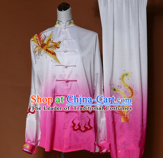Top Grade Kung Fu Silk Costume Asian Chinese Martial Arts Tai Chi Training Pink Uniform, China Embroidery Phoenix Gongfu Shaolin Wushu Clothing for Women