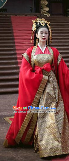 Asian Chinese Traditional Ancient Imperial Empress Wedding Costume and Headpiece Complete Set, Lost Love In Times China Northern and Southern Dynasties Fairy Bride Dress Clothing