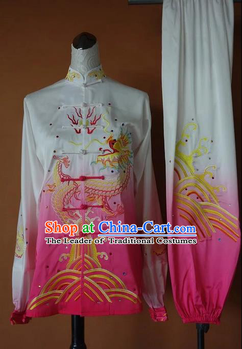 Asian Chinese Top Grade Silk Kung Fu Costume Martial Arts Tai Chi Training Suit, China Gongfu Shaolin Wushu Embroidery Dragon Long Sleeve Pink Uniform for Women