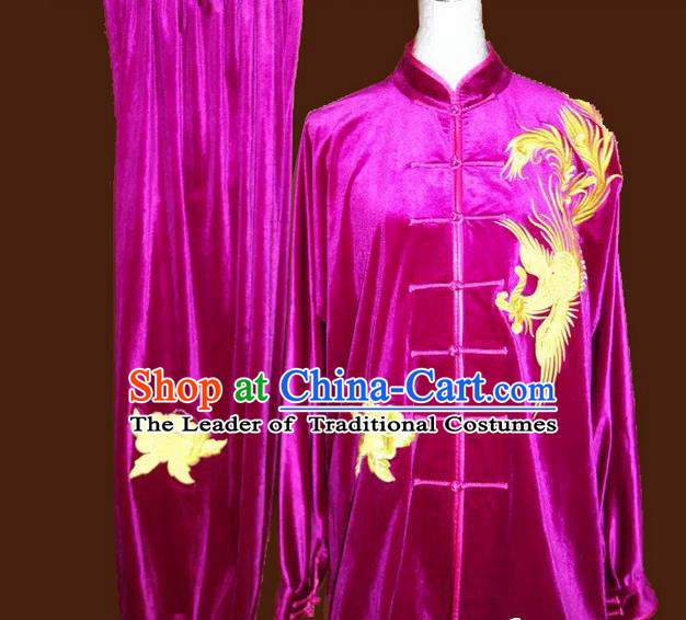 Asian Chinese Top Grade Velvet Kung Fu Costume Martial Arts Tai Chi Training Suit, China Gongfu Shaolin Wushu Embroidery Phoenix Rosy Uniform for Women