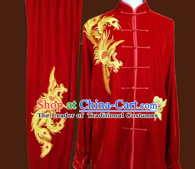Asian Chinese Top Grade Velvet Kung Fu Costume Martial Arts Tai Chi Training Suit, China Gongfu Shaolin Wushu Embroidery Phoenix Red Uniform for Women
