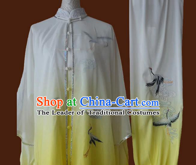 Asian Chinese Top Grade Silk Kung Fu Costume Martial Arts Tai Chi Training Suit, China Gongfu Shaolin Wushu Embroidery Crane Yellow Uniform for Men