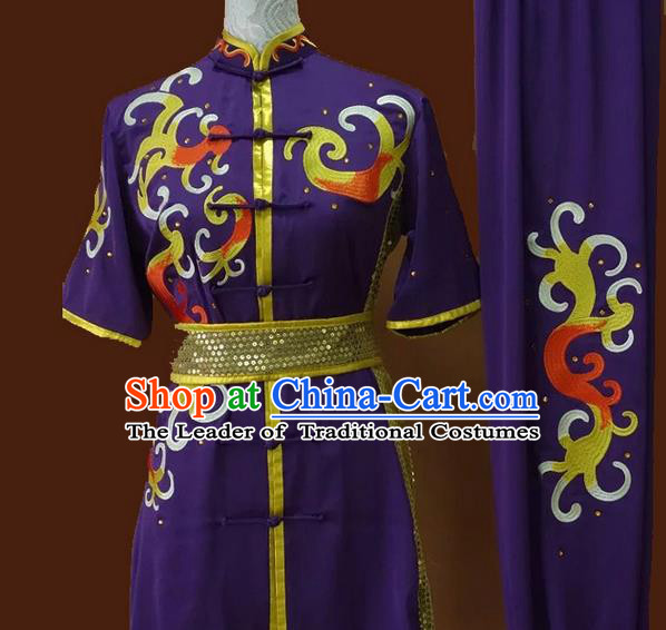 Asian Chinese Top Grade Silk Kung Fu Costume Martial Arts Tai Chi Training Suit, China Gongfu Shaolin Wushu Embroidery Purple Uniform for Men