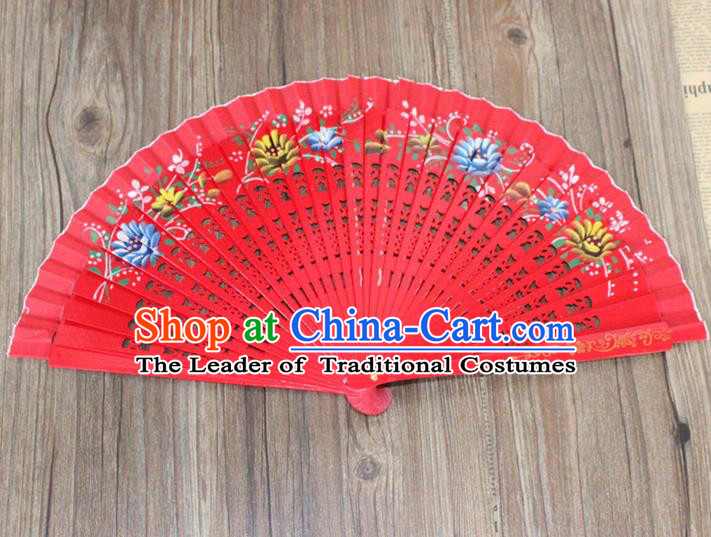 Traditional Chinese Crafts Beauty Folding Fan China Palace Red Fan Imperial Consort Wood Bride Fans for Women