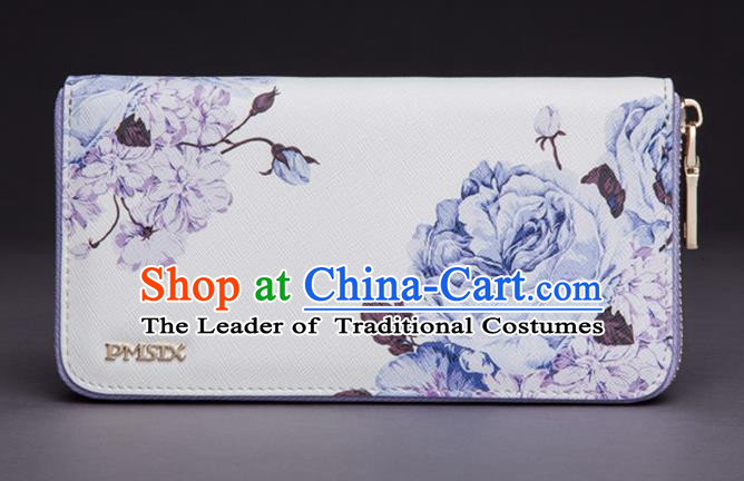 Traditional Handmade Asian Chinese Element Printing Peony Wallet National Handbag White Purse for Women