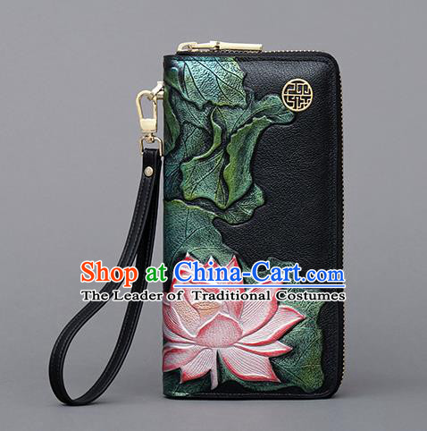 Traditional Handmade Asian Chinese Element Embroidery Lotus Wallet National Handbag Purse for Women