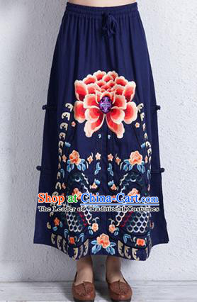 Traditional Chinese National Costume Linen Half Skirt, Elegant Hanfu Embroidered Peony Tang Suit Navy Bust Skirt for Women
