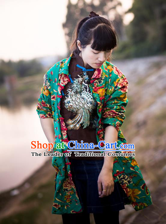 Traditional Chinese National Costume Front Opening Linen Coat, Elegant Hanfu Embroidered Tang Suit Green Coat for Women