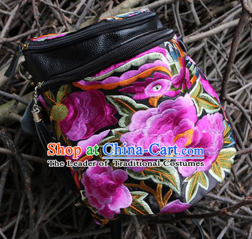 Traditional Handmade Chinese National Waist Bag Miao Nationality Embroidery Pink Flowers Leather Pocket for Women