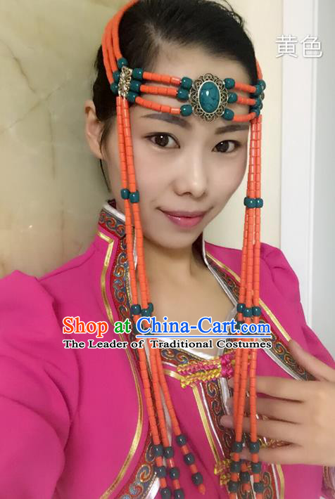Traditional Handmade Chinese  Mongol Nationality Dance Hair Accessories Headwear, China Mongols Mongolian Minority Nationality Orange Beads Tassel Headpiece for Women