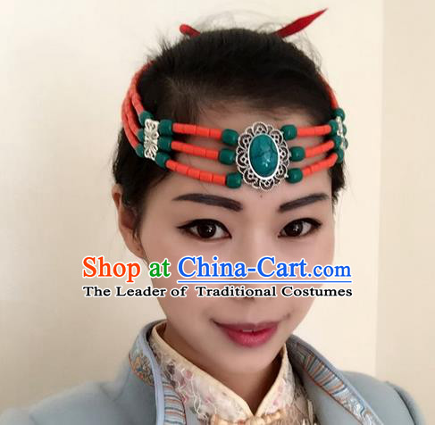 Traditional Handmade Chinese Mongol Nationality Dance Hair Accessories Headwear, China Mongols Mongolian Minority Nationality Green Beads Headpiece for Women