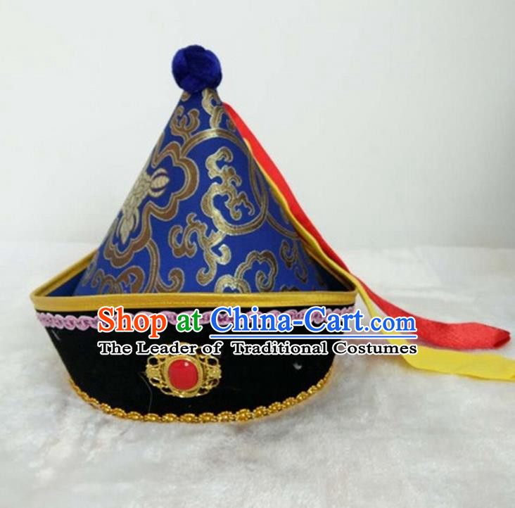 Traditional Handmade Chinese Mongol Nationality Dance Headwear Prince Royalblue Hat, China Mongolian Minority Nationality Children Royal Highness Headpiece for Kids