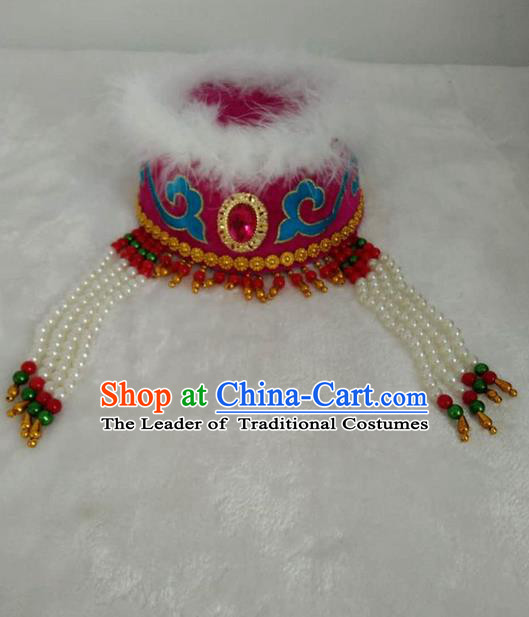 Traditional Handmade Chinese Mongol Nationality Dance Headwear Royal Princess Rosy Hat, China Mongolian Minority Nationality Children Bride Headpiece for Kids