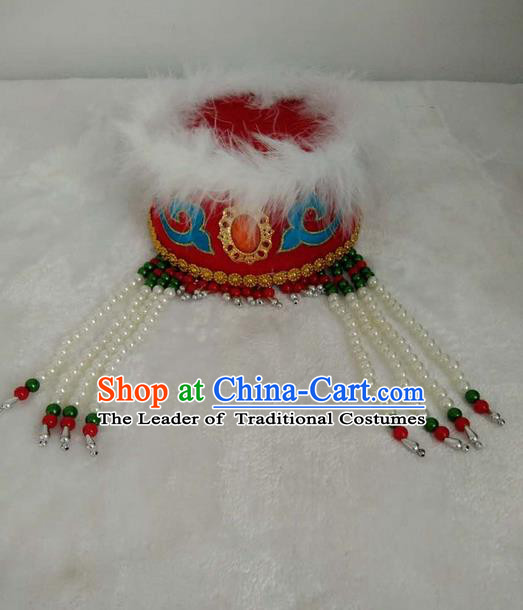 Traditional Handmade Chinese Mongol Nationality Dance Headwear Red Princess Rosy Hat, China Mongolian Minority Nationality Children Bride Headpiece for Kids