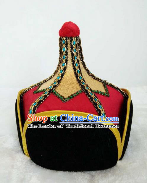 Traditional Handmade Chinese Mongol Nationality Dance Headwear Royal Highness Hat, China Mongolian Minority Nationality Prince Red Headpiece for Men