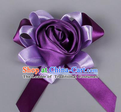 Top Grade Wedding Accessories Decoration Corsage, China Style Wedding Car Ornament Rose Flowers Bride Bridegroom Purple Ribbon Brooch