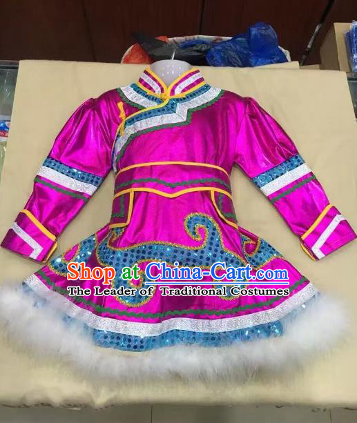 Traditional Chinese Mongol Nationality Dance Costume Handmade Embroidery Rosy Mongolian Robe, China Mongolian Minority Nationality Dress for Kids