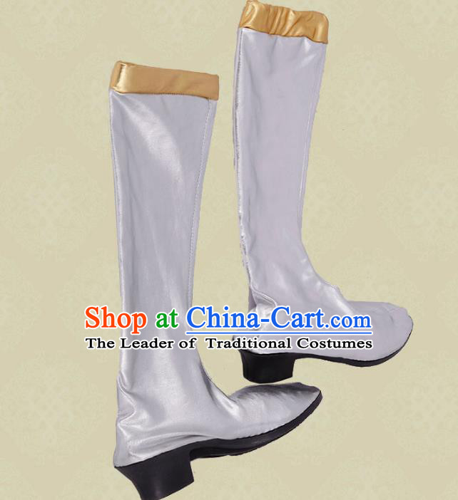 Traditional Chinese Minority Mongol Nationality Dance White Shoes, Ethnic Minorities Mongolian Boots for Women