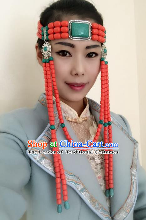 Traditional Handmade Chinese Mongol Nationality Dance Headwear Bride Headband, China Mongolian Minority Nationality Tassel Hair Accessories Headpiece for Women