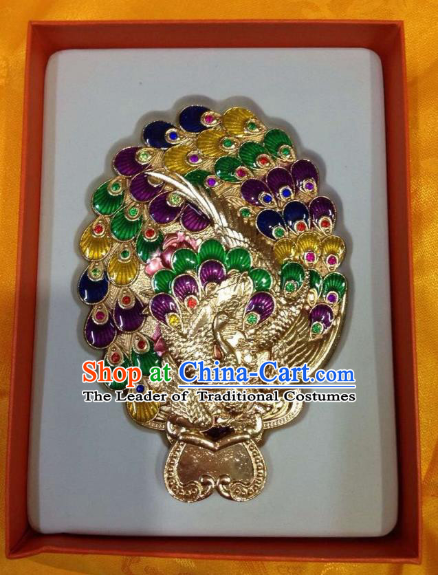 Traditional Handmade Chinese Mongol Nationality Crafts Purple Peacock Pocket Mirror, China Mongolian Minority Nationality Cloisonne Mirror for Women