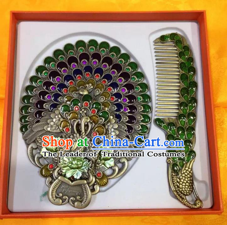 Traditional Handmade Chinese Mongol Nationality Crafts Deep Green Comb and Peacock Pocket Mirror, China Mongolian Minority Nationality Cloisonne Mirror for Women