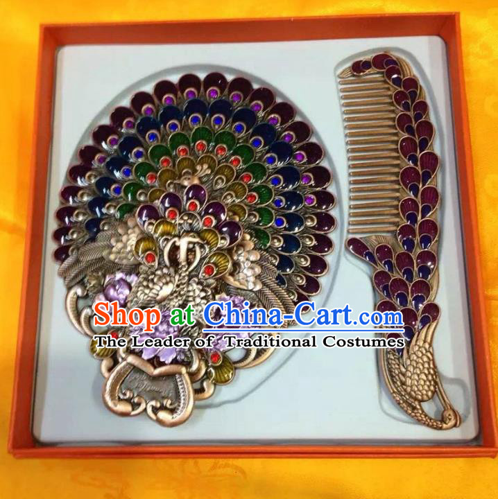 Traditional Handmade Chinese Mongol Nationality Crafts Purple Comb and Peacock Pocket Mirror, China Mongolian Minority Nationality Cloisonne Mirror for Women