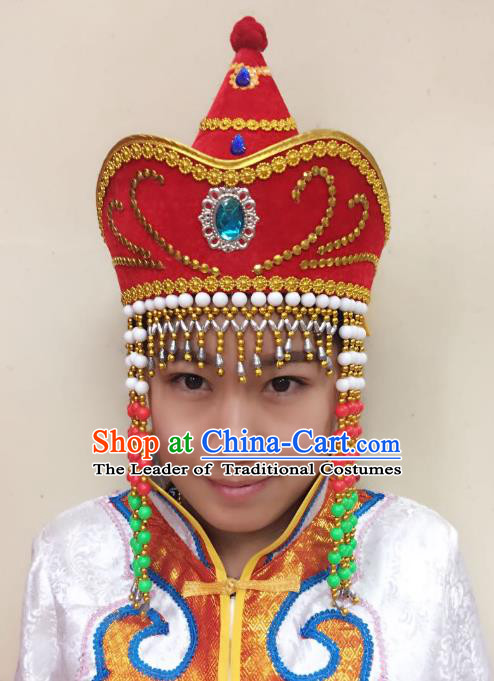 Traditional Handmade Chinese Mongol Nationality Dance Red Headwear Bride Hat, China Mongols Mongolian Minority Nationality Princess Tassel Headpiece for Women