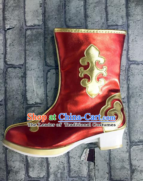 Traditional Chinese Minority Mongol Nationality Dance Red Shoes, Ethnic Minorities Mongolian Boots Embroidery Boots for Kids