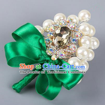 Top Grade Wedding Accessories Decoration Pearl Corsage, China Style Wedding Ornament Champagne Bride Bridegroom Green Ribbon Crystal Brooch
