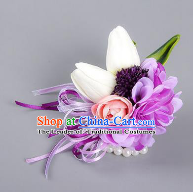 Top Grade Classical Wedding Silk Purple Flowers, Bride Emulational Wrist Flowers Bridesmaid Bracelet Flowers for Women