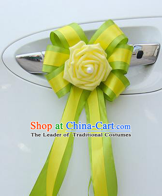 Top Grade Wedding Accessories Decoration, China Style Wedding Car Bowknot Yellow Flowers Bride Long Ribbon Garlands Ornaments