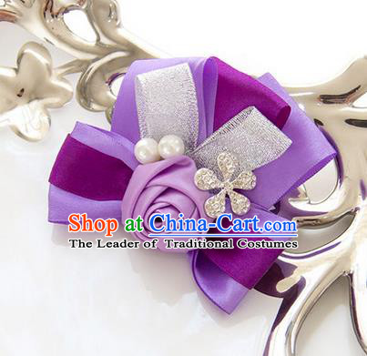 Top Grade Classical Wedding Pearl Purple Silk Flowers,Groom Emulational Corsage Groomsman Crystal Brooch Flowers for Women