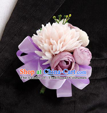 Top Grade Classical Wedding Lilac Ribbon Silk Flowers,Groom Emulational Corsage Groomsman Brooch Flowers for Men