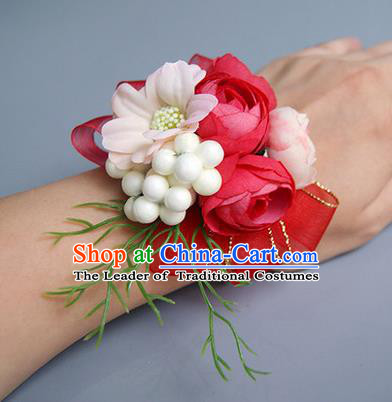 Top Grade Classical Wedding Red Silk Flowers, Bride Emulational Wrist Flowers Bridesmaid Bracelet Flowers for Women