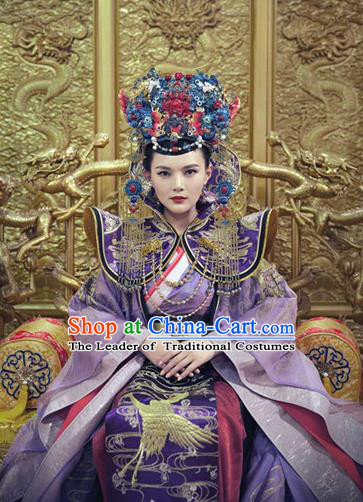 Traditional Ancient Chinese Palace Empress Costume and Headpiece Complete Set, Chinese Ming Dynasty Queen Dress Clothing for Women