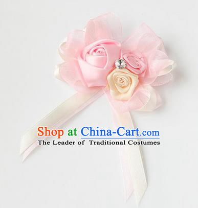 Top Grade Classical Wedding Ribbon Flowers, Bride Emulational Corsage Bridesmaid Light Pink Bowknot Brooch Flowers for Women