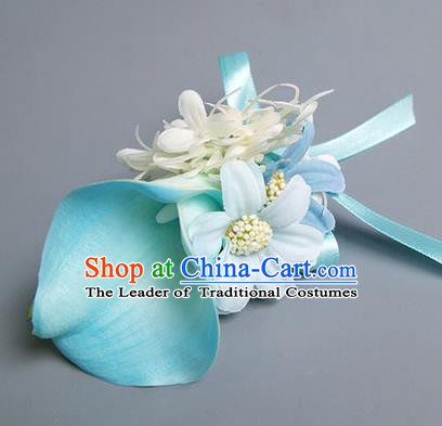 Top Grade Classical Wedding Blue Silk Common Callalily Flowers,Groom Emulational Corsage Groomsman Brooch Flowers for Men