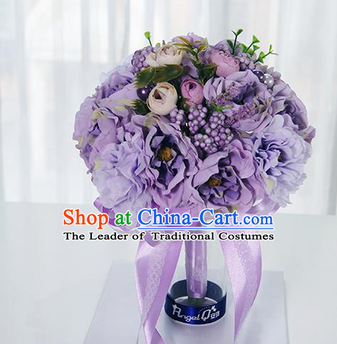 Top Grade Classical Wedding Purple Silk Flowers, Bride Holding Emulational Flowers Ball, Hand Tied Bouquet Flowers for Women