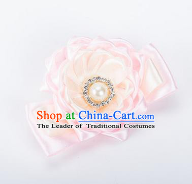 Top Grade Classical Wedding Light Pink Ribbon Silk Bangle Flowers, Bride Emulational Wrist Flowers Bridesmaid Bracelet Pearl Flowers for Women