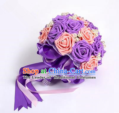 Top Grade Classical Wedding Pink and Purple Silk Rose Flowers, Bride Holding Emulational Flowers, Hand Tied Bouquet Pearl Flowers for Women