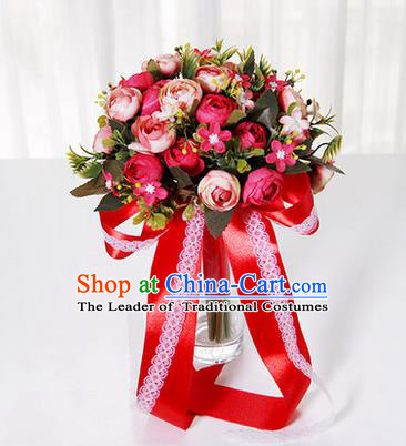 Top Grade Classical Wedding Red Ribbon Silk Flowers, Bride Holding Emulational Flowers, Hand Tied Bouquet Flowers for Women