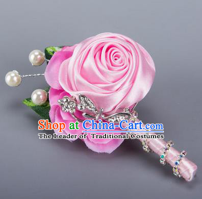Top Grade Classical Wedding Crystal Silk Flowers,Groom Emulational Corsage Groomsman Pink Ribbon Pearl Brooch Flowers for Men
