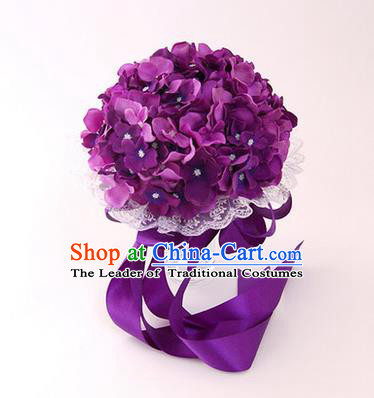 Top Grade Classical Wedding Silk Flowers, Bride Holding Emulational Purple Flowers Ball, Hand Tied Bouquet Flowers for Women