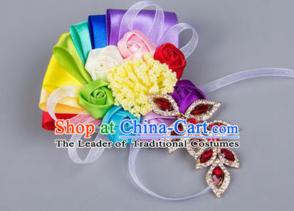 Top Grade Classical Wedding Silk Rose Flowers Bangle, Bride Emulational Tassel Wrist Flowers Bridesmaid Crystal Bracelet Flowers for Women